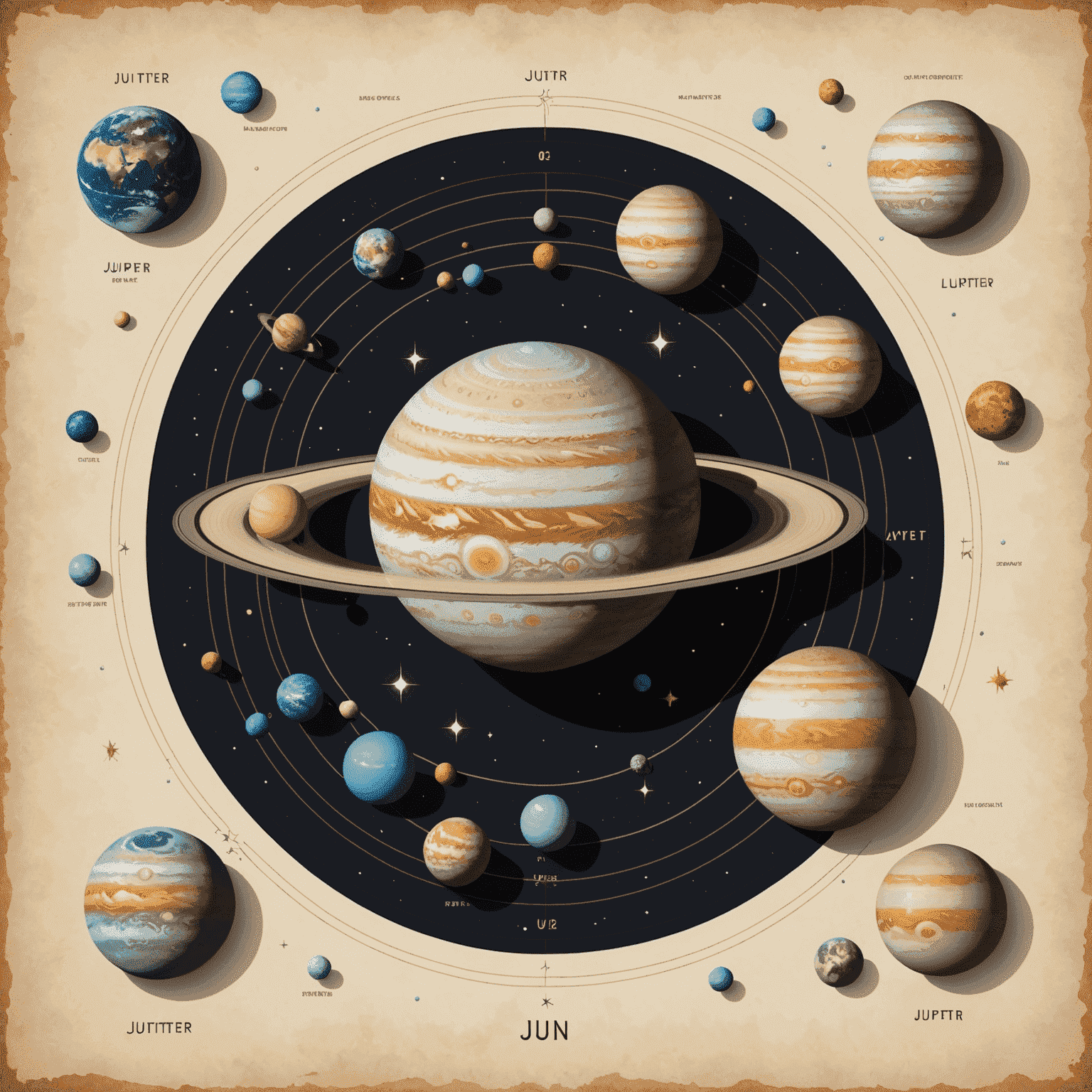 O ilustrație a planetelor Jupiter, Saturn și Uranus alături de simboluri de carieră, sugerând influența lor asupra deciziilor profesionale